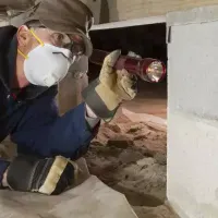 A termite technician inspecting for termite damage
