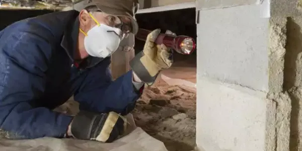 A termite technician inspecting for termite damage